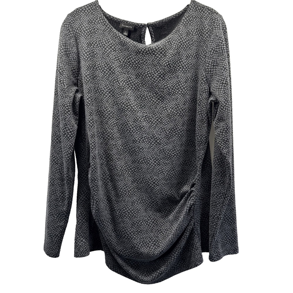 Talbots Women's Top Size Large Gray Black Stretch Ruched Long Sleeves Pullover